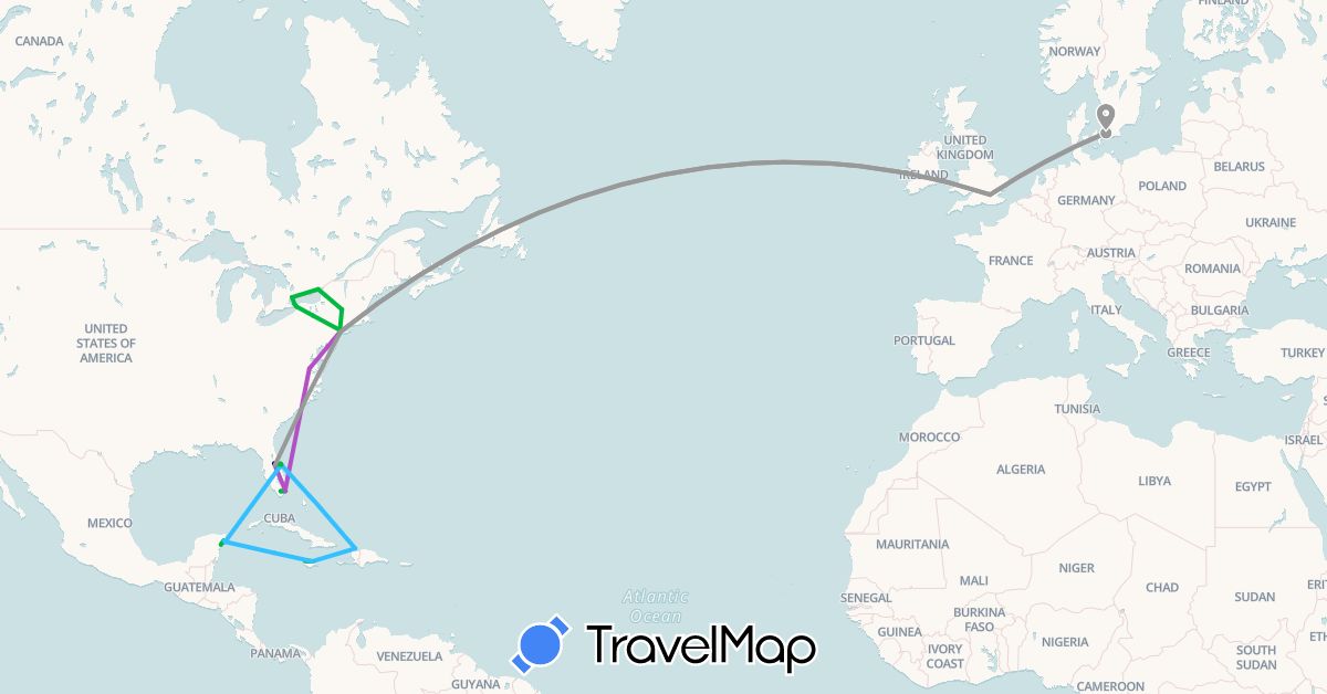 TravelMap itinerary: driving, bus, plane, train, boat in Canada, Denmark, United Kingdom, Haiti, Jamaica, Cayman Islands, Mexico, United States (Europe, North America)